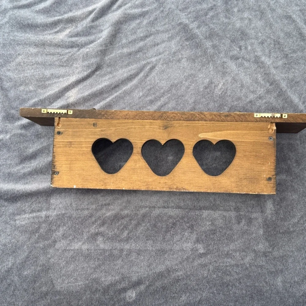 CottageCore Wooden Wall Shelf with Heart Cutouts and Hanging Pegs Vintage
